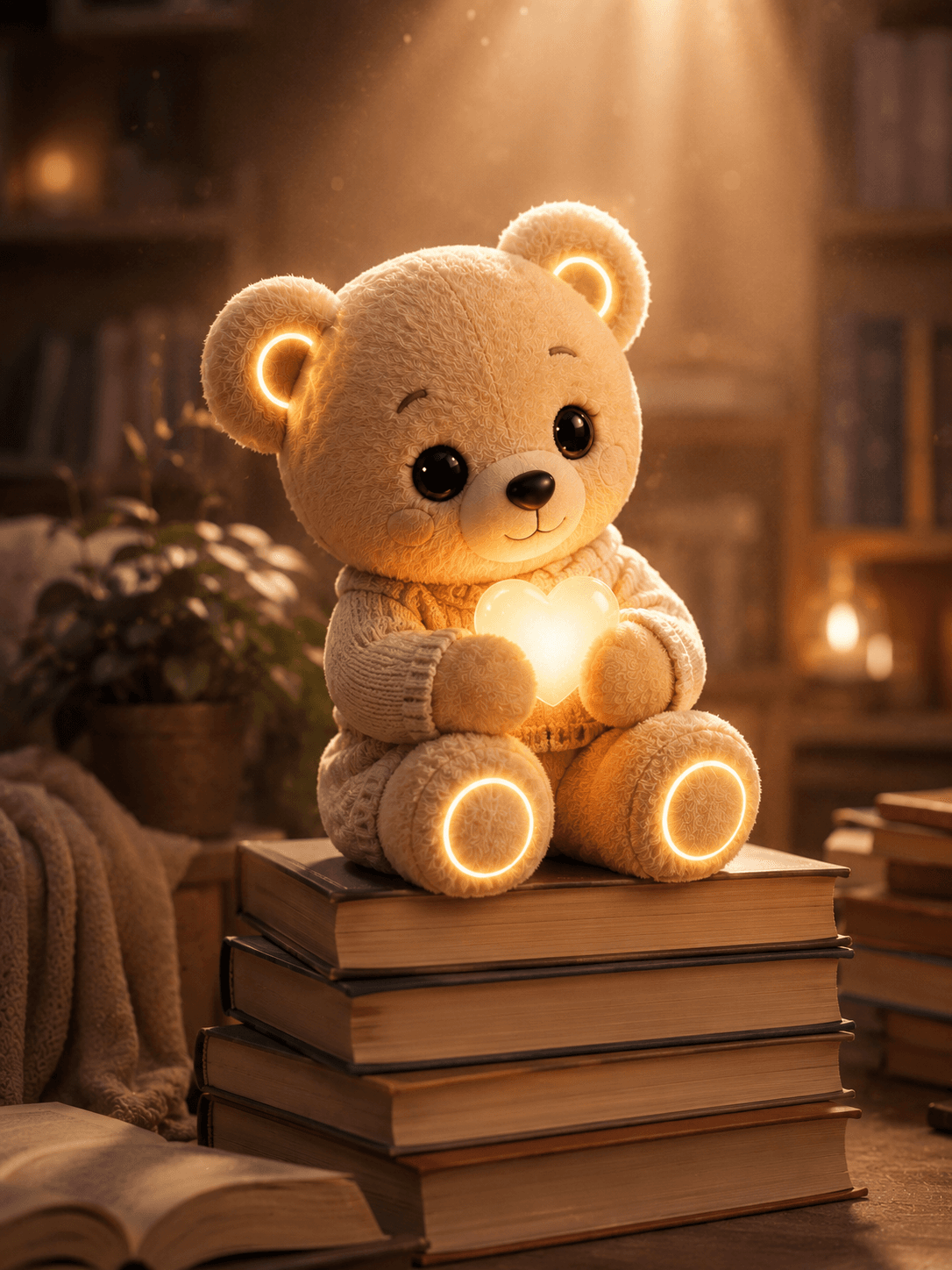 Lumi sentada sobre uma pilha de livros, segurando um pequeno coração luminoso entre as patinhas