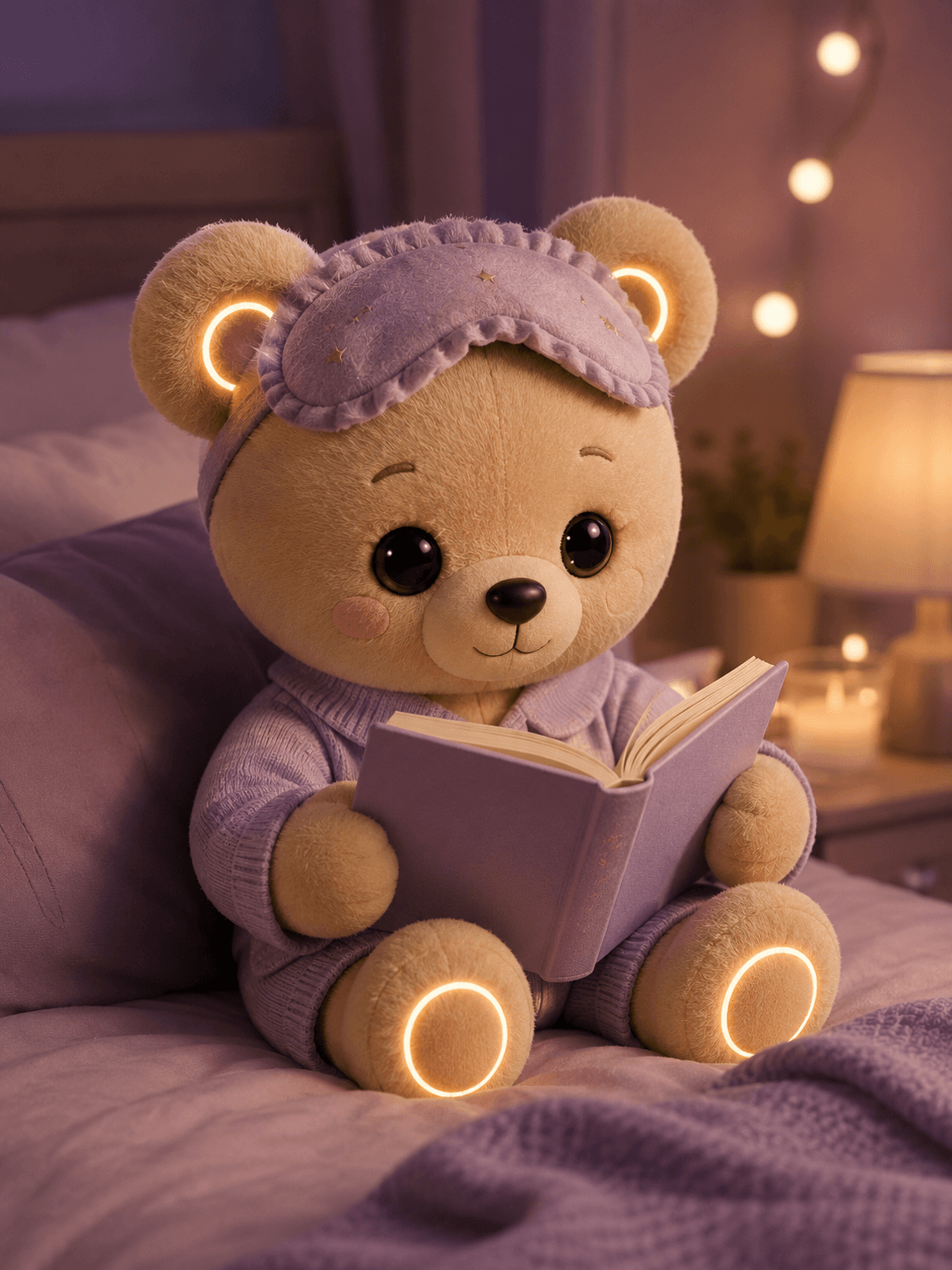 Lumi em suéter lavanda, sentada calmamente com uma luz suave no coração